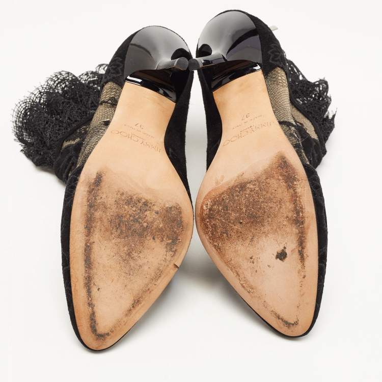Pre Owned Jimmy Choo Black Lace and Floral Embroidered Suede Kamaris Ankle Booties Size 37