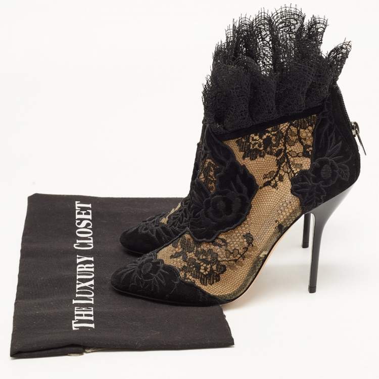 Pre Owned Jimmy Choo Black Lace and Floral Embroidered Suede Kamaris Ankle Booties Size 37