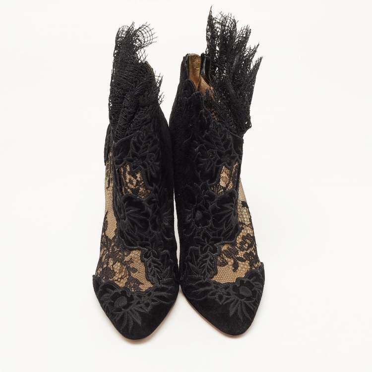 Pre Owned Jimmy Choo Black Lace and Floral Embroidered Suede Kamaris Ankle Booties Size 37