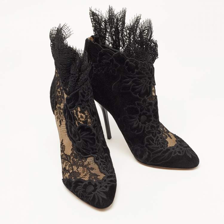 Pre Owned Jimmy Choo Black Lace and Floral Embroidered Suede Kamaris Ankle Booties Size 37