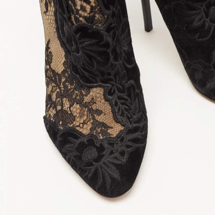 Pre Owned Jimmy Choo Black Lace and Floral Embroidered Suede Kamaris Ankle Booties Size 37