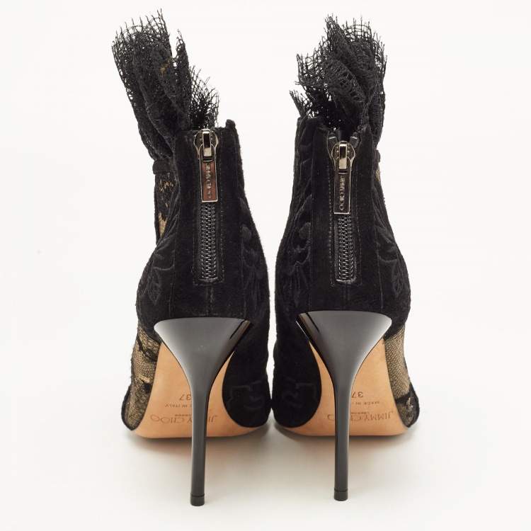 Pre Owned Jimmy Choo Black Lace and Floral Embroidered Suede Kamaris Ankle Booties Size 37