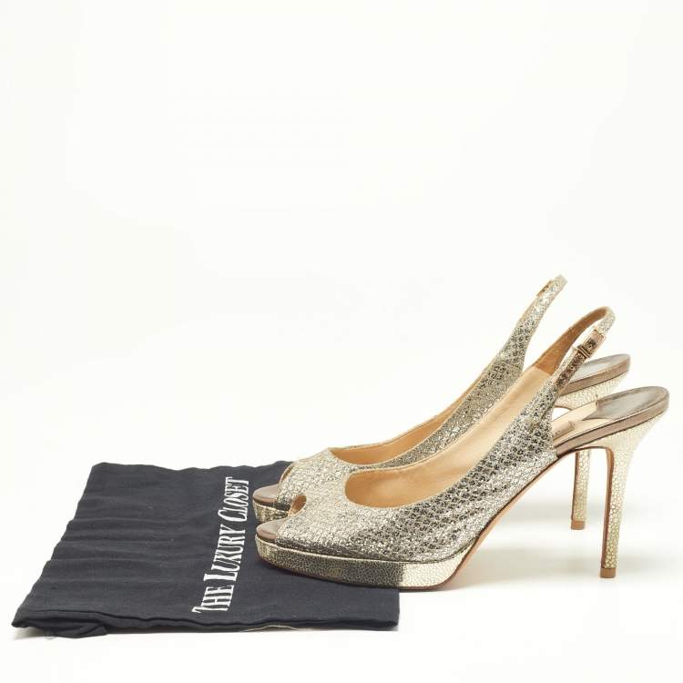 Pre Owned Jimmy Choo Gold Glitter and Leather Peep Toe Slingback Sandals Size 38.5