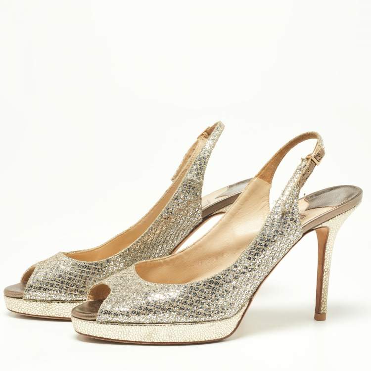 Pre Owned Jimmy Choo Gold Glitter and Leather Peep Toe Slingback Sandals Size 38.5