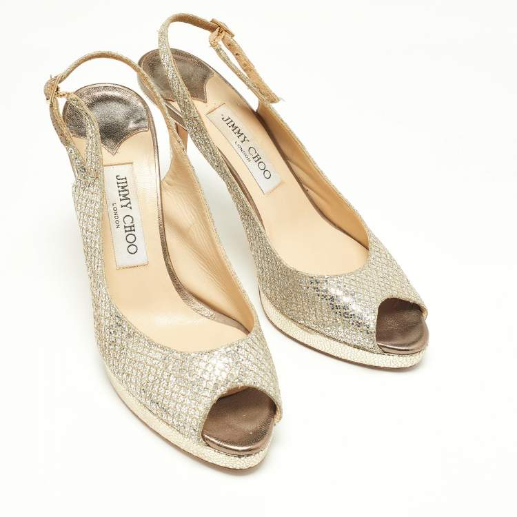 Pre Owned Jimmy Choo Gold Glitter and Leather Peep Toe Slingback Sandals Size 38.5