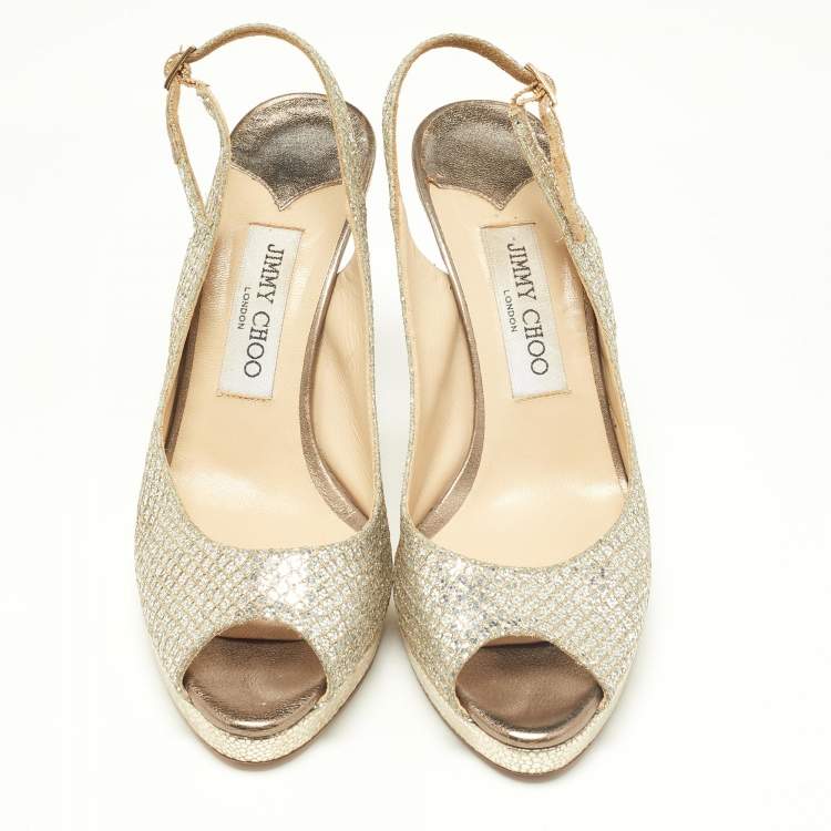 Pre Owned Jimmy Choo Gold Glitter and Leather Peep Toe Slingback Sandals Size 38.5