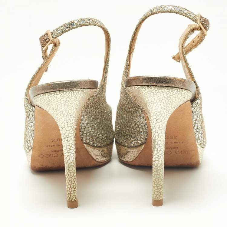 Pre Owned Jimmy Choo Gold Glitter and Leather Peep Toe Slingback Sandals Size 38.5