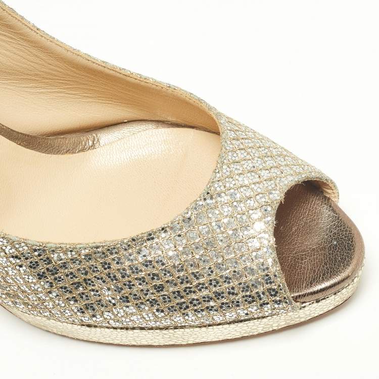 Pre Owned Jimmy Choo Gold Glitter and Leather Peep Toe Slingback Sandals Size 38.5