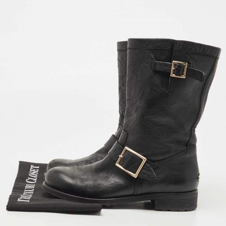 Pre Owned Jimmy Choo Black Leather Midcalf Boots Size 37.5