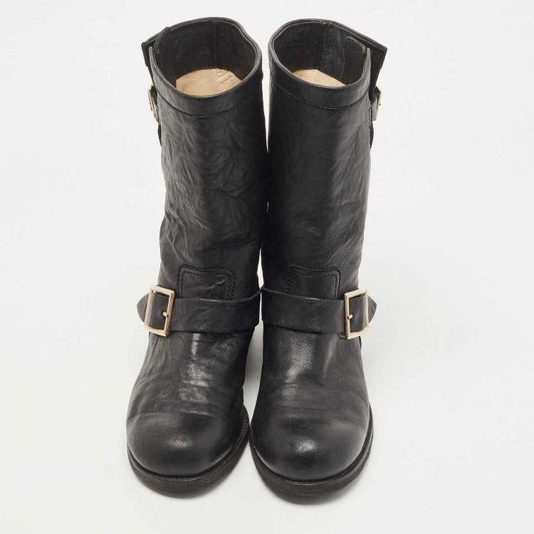 Pre Owned Jimmy Choo Black Leather Midcalf Boots Size 37.5