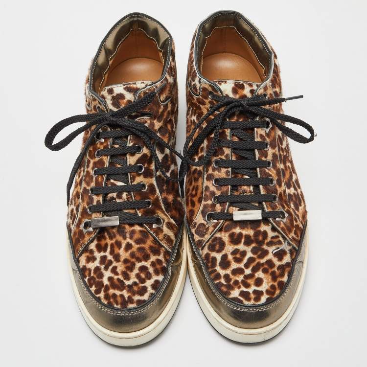 Pre Owned Jimmy Choo Brown/Metallic Leopard Print Calfhair and Mirrored Leather Miami Low Top Sneakers Size 38.5