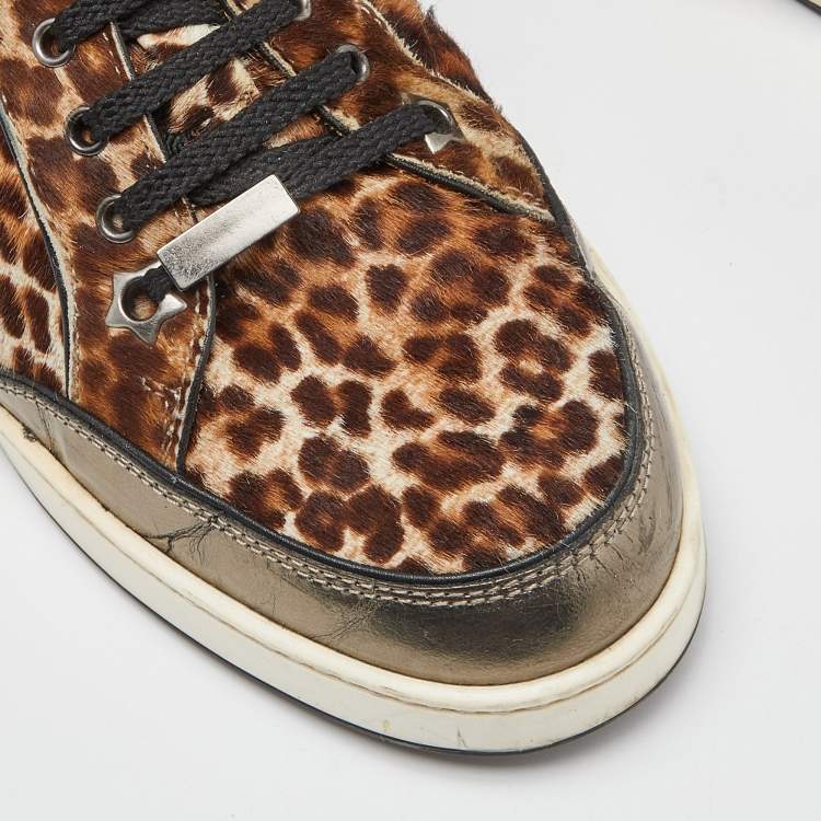 Pre Owned Jimmy Choo Brown/Metallic Leopard Print Calfhair and Mirrored Leather Miami Low Top Sneakers Size 38.5