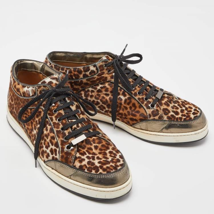 Pre Owned Jimmy Choo Brown/Metallic Leopard Print Calfhair and Mirrored Leather Miami Low Top Sneakers Size 38.5