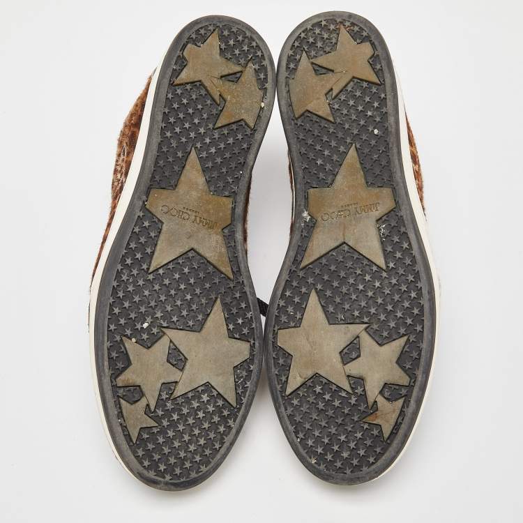 Pre Owned Jimmy Choo Brown/Metallic Leopard Print Calfhair and Mirrored Leather Miami Low Top Sneakers Size 38.5