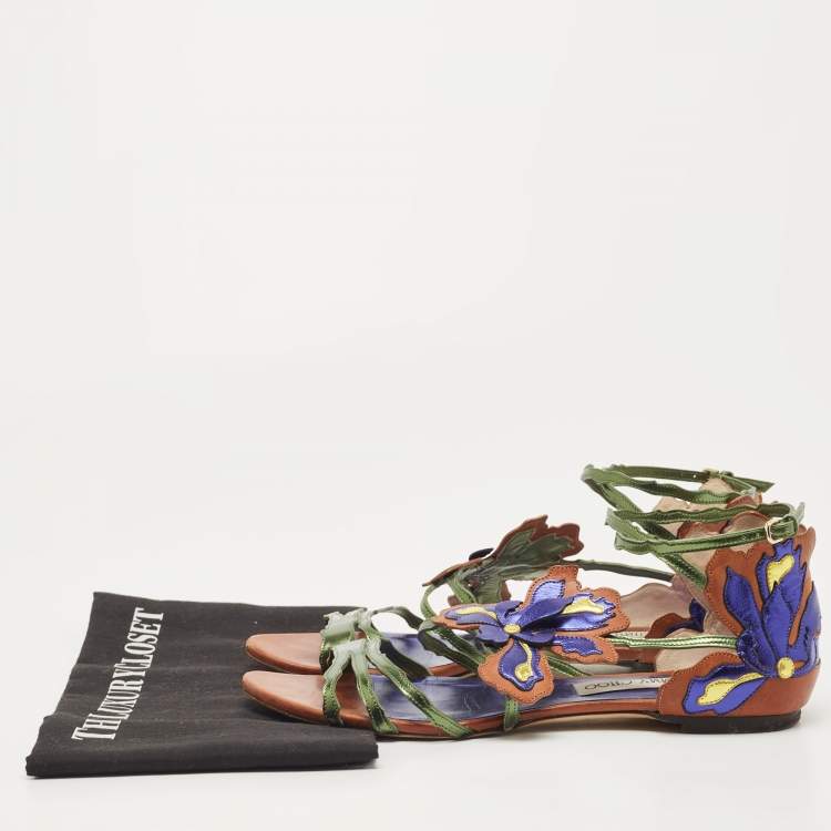 Pre Owned Jimmy Choo Multicolor Leather Strappy Flats Size 39