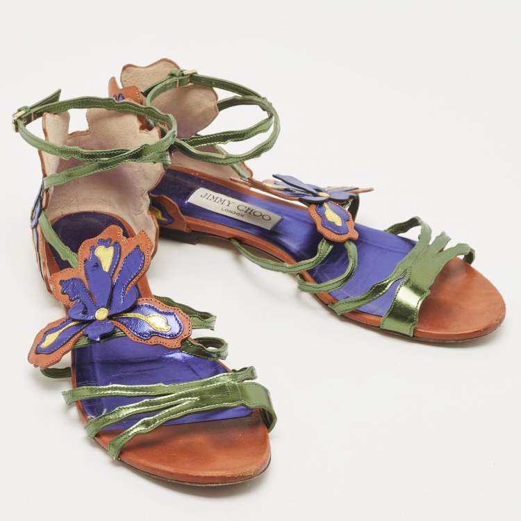 Pre Owned Jimmy Choo Multicolor Leather Strappy Flats Size 39