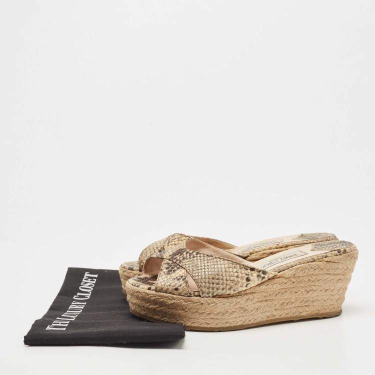 Pre Owned Jimmy Choo Beige Python Embossed Leather Prima Wedge Sandals Size 39