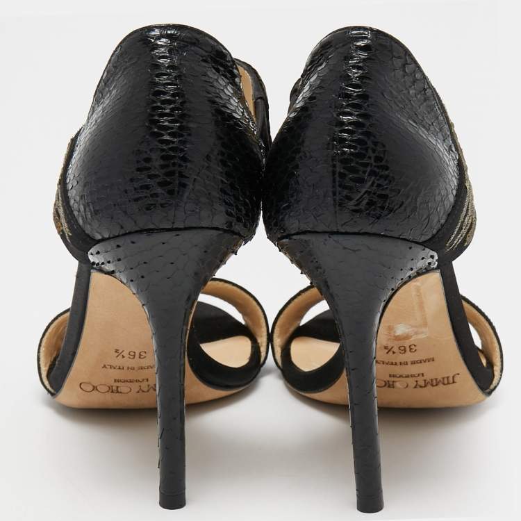 Pre Owned Jimmy Choo Black Snakeskin and Satin Ankle Strap Sandals Size 36.5