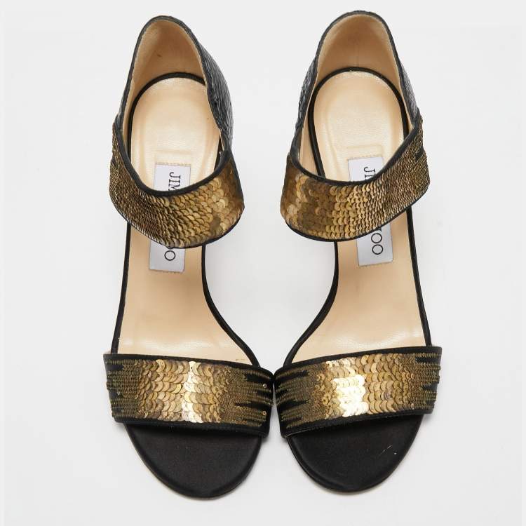 Pre Owned Jimmy Choo Black Snakeskin and Satin Ankle Strap Sandals Size 36.5