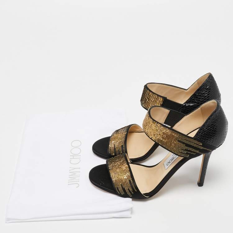 Pre Owned Jimmy Choo Black Snakeskin and Satin Ankle Strap Sandals Size 36.5