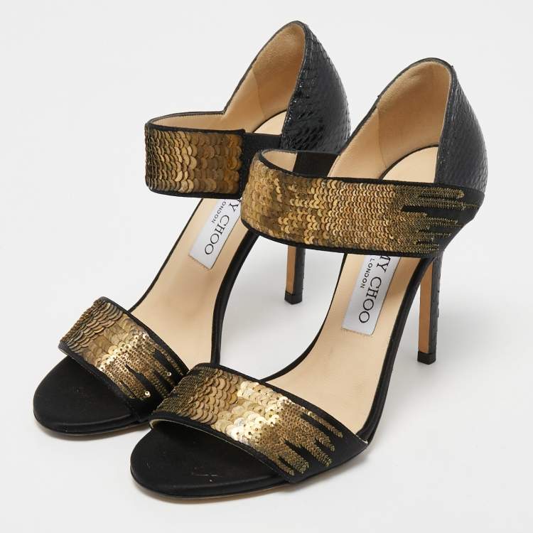 Pre Owned Jimmy Choo Black Snakeskin and Satin Ankle Strap Sandals Size 36.5