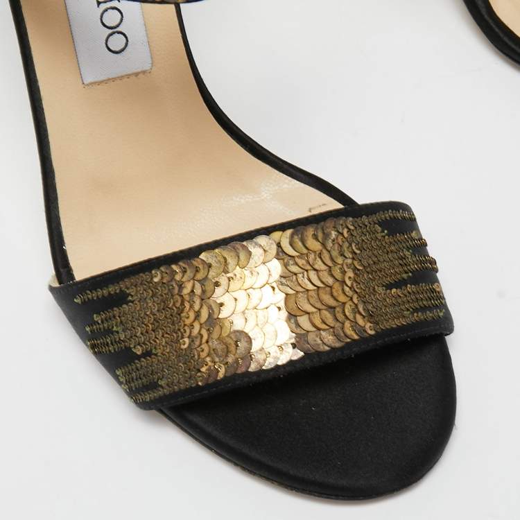 Pre Owned Jimmy Choo Black Snakeskin and Satin Ankle Strap Sandals Size 36.5