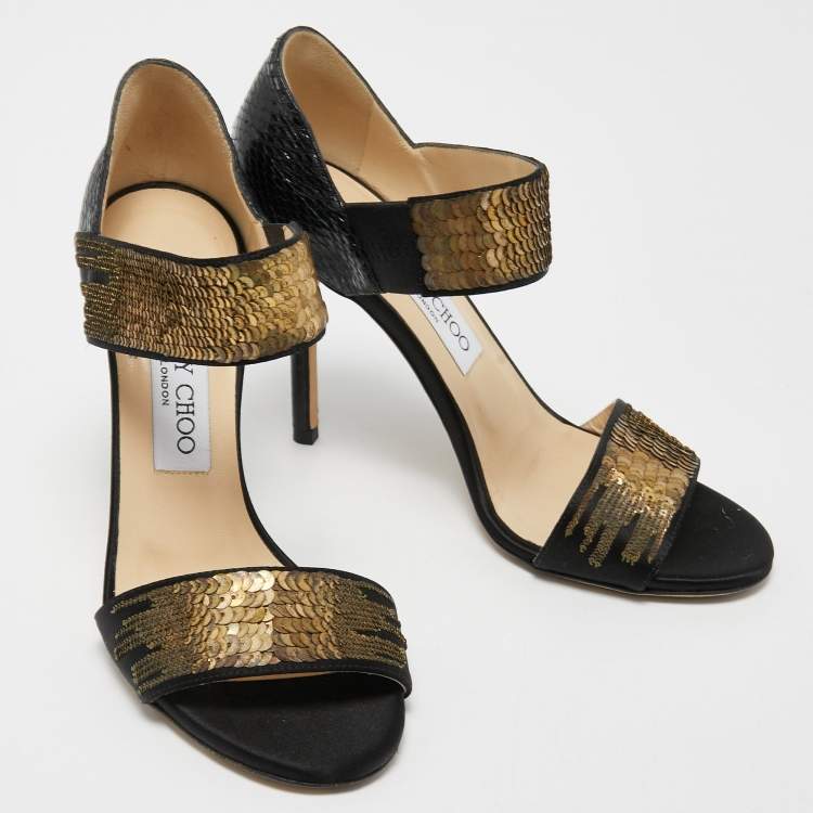 Pre Owned Jimmy Choo Black Snakeskin and Satin Ankle Strap Sandals Size 36.5