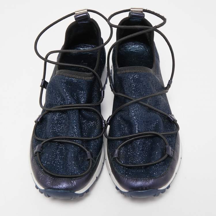 Pre Owned Jimmy Choo Navy Blue Lurex Fabric and Leather Andrea Sneakers Size 35