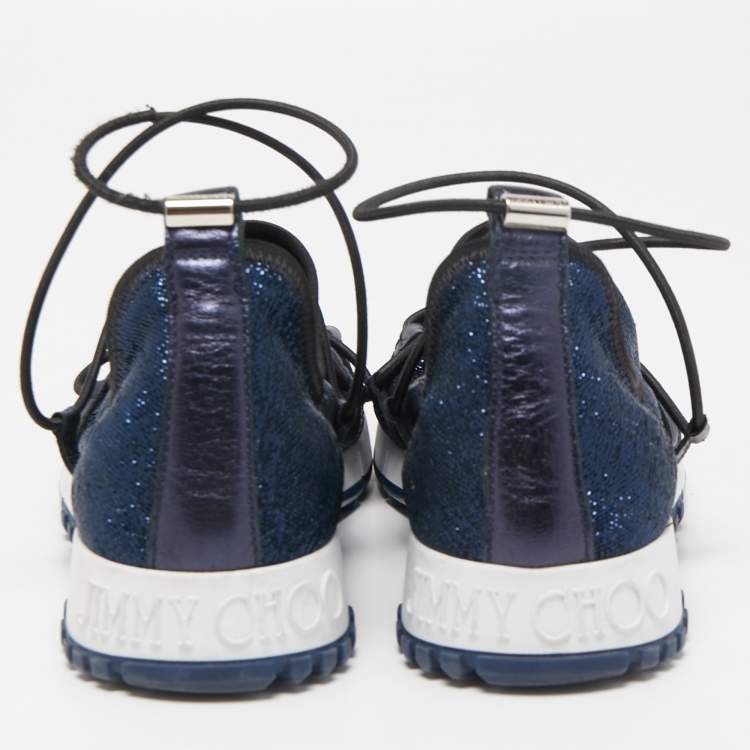 Pre Owned Jimmy Choo Navy Blue Lurex Fabric and Leather Andrea Sneakers Size 35