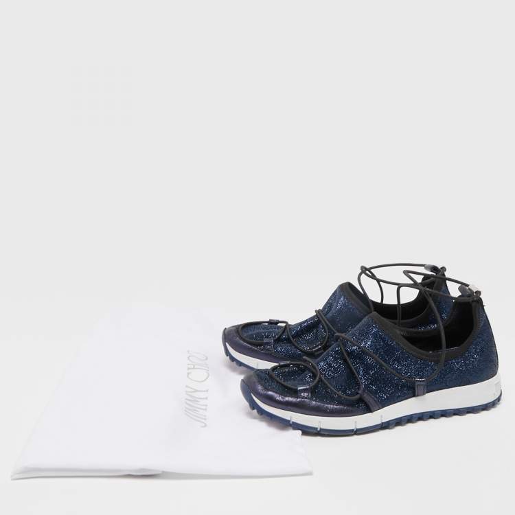 Pre Owned Jimmy Choo Navy Blue Lurex Fabric and Leather Andrea Sneakers Size 35