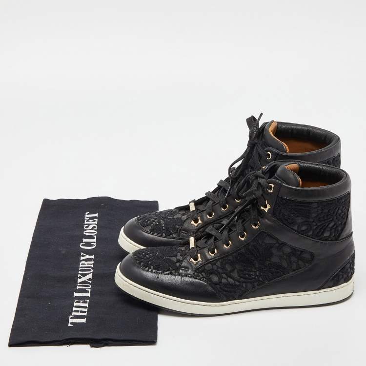 Pre Owned Jimmy Choo Black Lace and Leather Tokyo High Top Sneakers Size 38.5