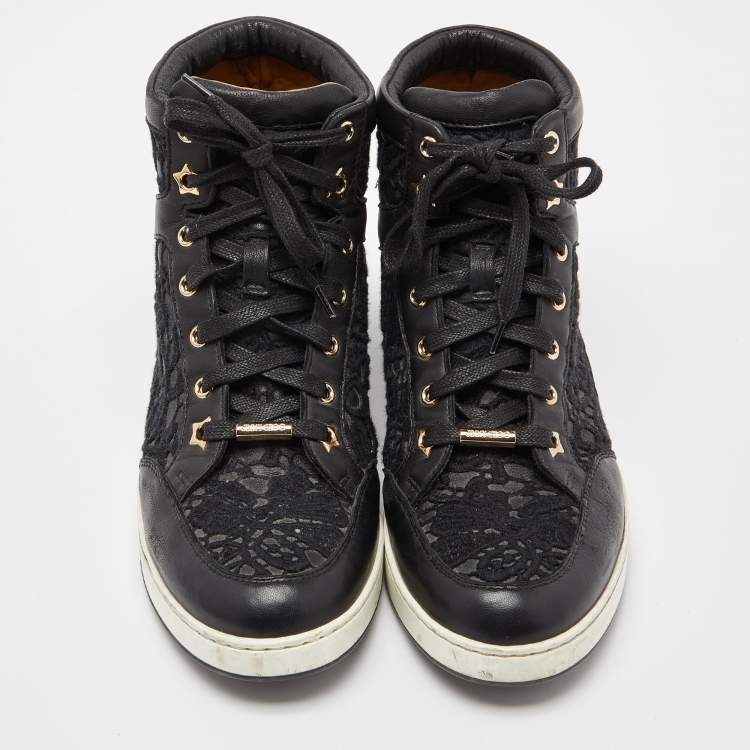Pre Owned Jimmy Choo Black Lace and Leather Tokyo High Top Sneakers Size 38.5