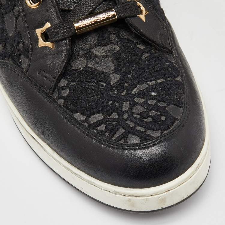 Pre Owned Jimmy Choo Black Lace and Leather Tokyo High Top Sneakers Size 38.5