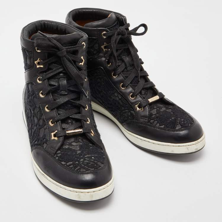 Pre Owned Jimmy Choo Black Lace and Leather Tokyo High Top Sneakers Size 38.5