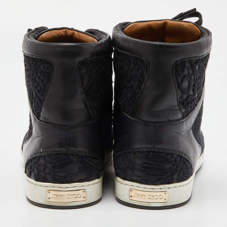 Pre Owned Jimmy Choo Black Lace and Leather Tokyo High Top Sneakers Size 38.5