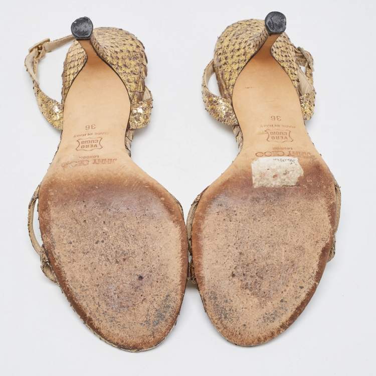 Pre Owned Jimmy Choo Gold Python Embossed Leather Slingback Sandals Size 36
