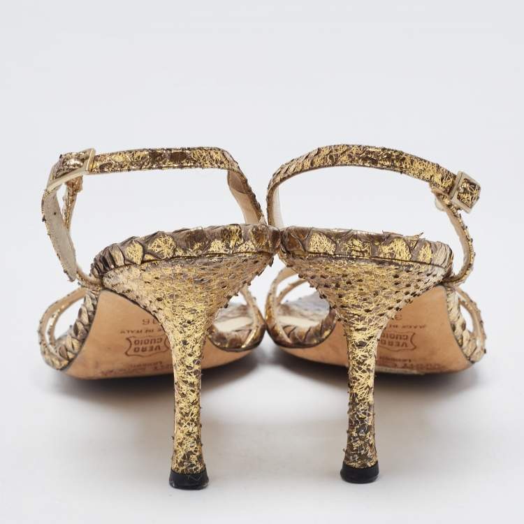Pre Owned Jimmy Choo Gold Python Embossed Leather Slingback Sandals Size 36
