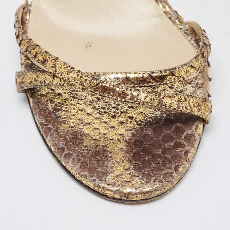 Pre Owned Jimmy Choo Gold Python Embossed Leather Slingback Sandals Size 36