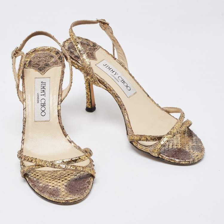 Pre Owned Jimmy Choo Gold Python Embossed Leather Slingback Sandals Size 36