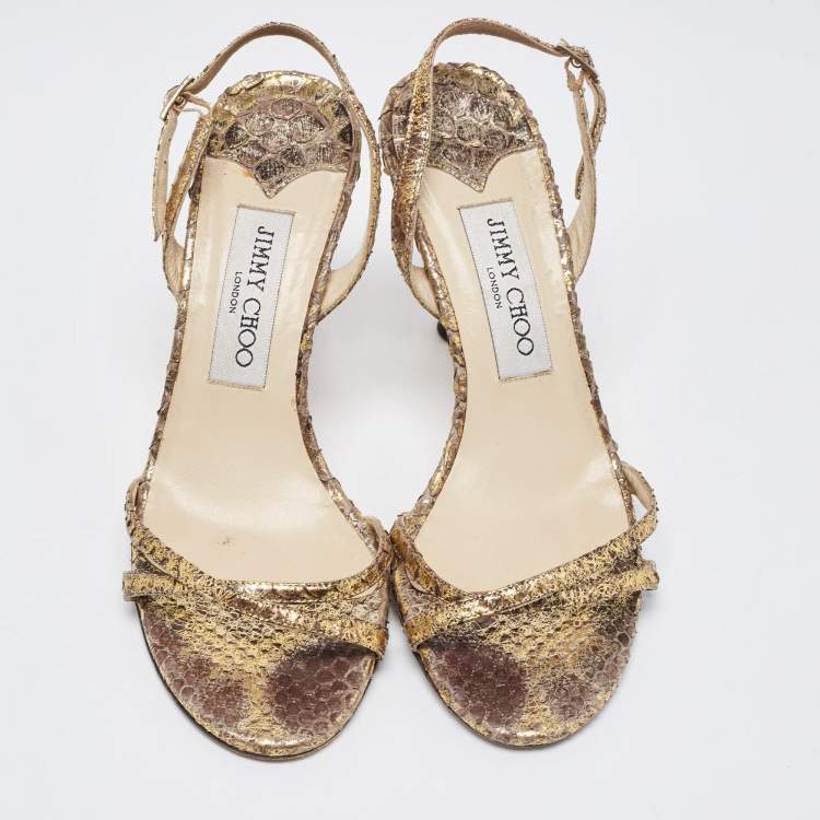 Pre Owned Jimmy Choo Gold Python Embossed Leather Slingback Sandals Size 36