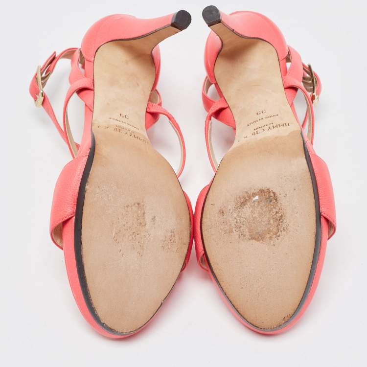 Pre Owned Jimmy Choo Neon Pink Leather Strappy Sandals Size 39