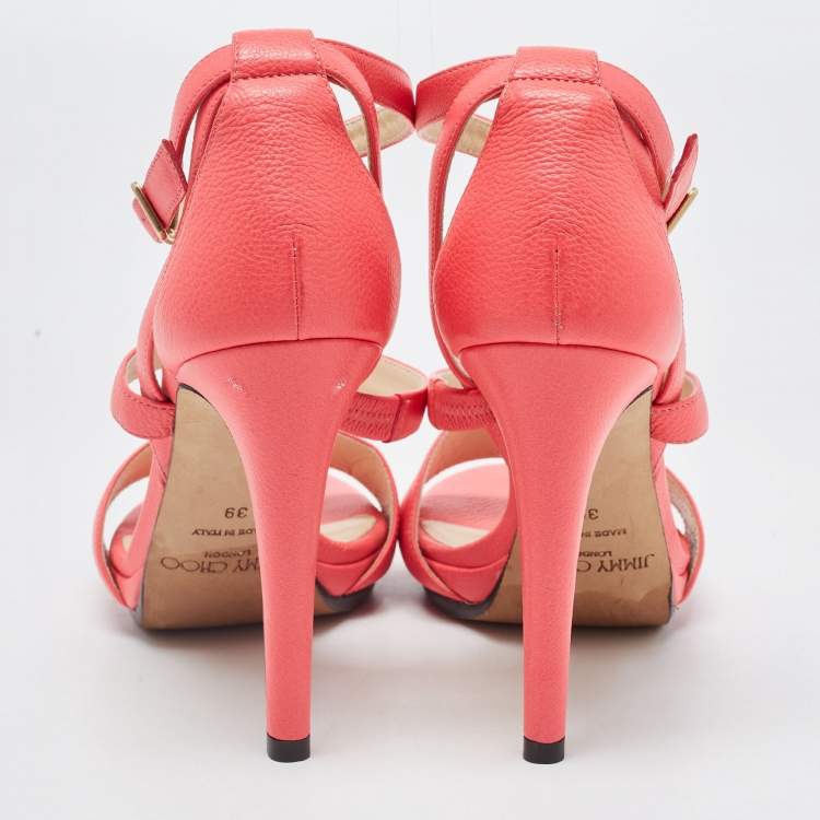Pre Owned Jimmy Choo Neon Pink Leather Strappy Sandals Size 39