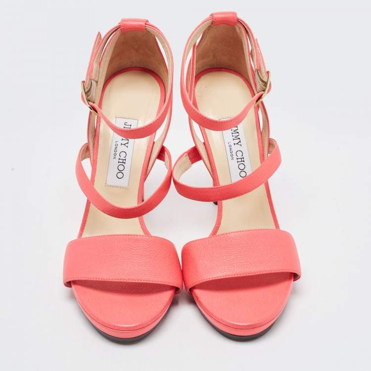 Pre Owned Jimmy Choo Neon Pink Leather Strappy Sandals Size 39
