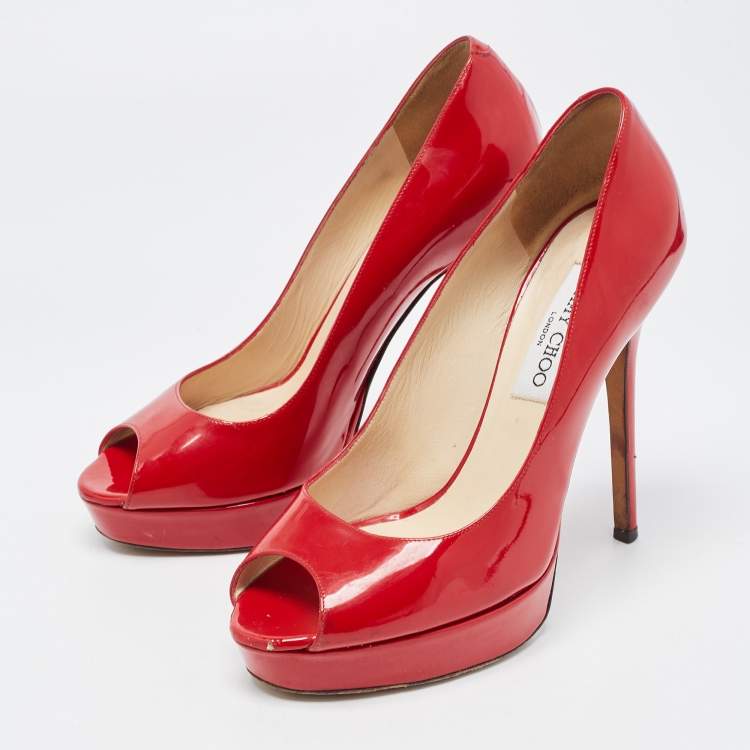 Pre Owned Jimmy Choo Red Patent Leather Peep Toe Crown Pumps Size 38