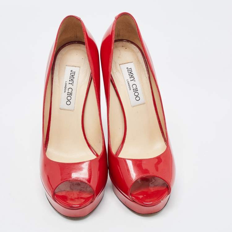 Pre Owned Jimmy Choo Red Patent Leather Peep Toe Crown Pumps Size 38