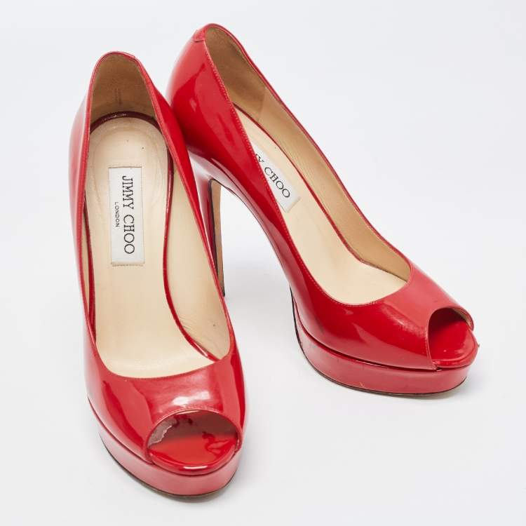 Pre Owned Jimmy Choo Red Patent Leather Peep Toe Crown Pumps Size 38
