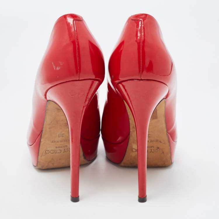 Pre Owned Jimmy Choo Red Patent Leather Peep Toe Crown Pumps Size 38