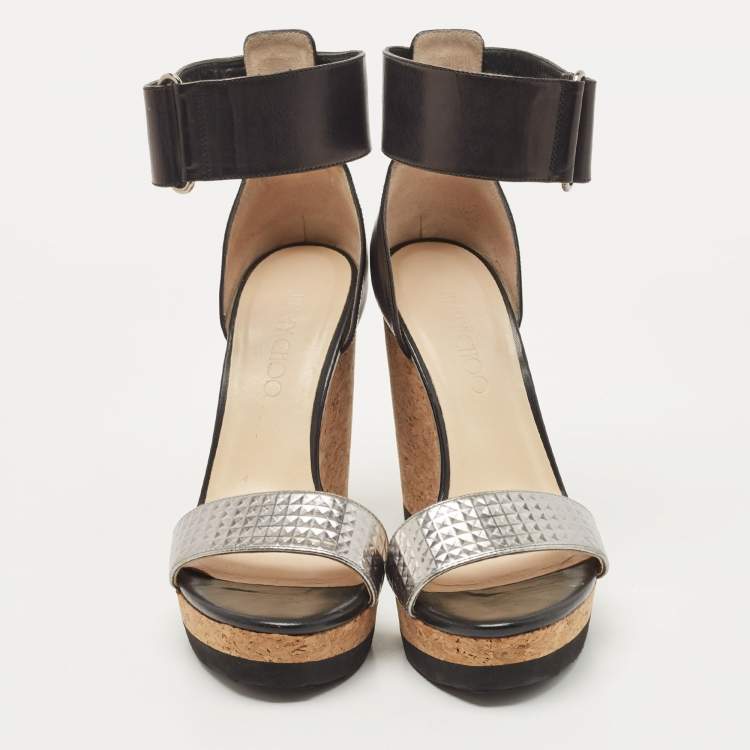 Pre Owned Jimmy Choo Black/Silver Leather Neston Wedge Sandals Size 37