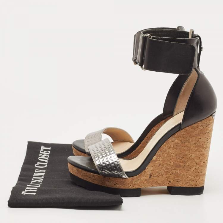 Pre Owned Jimmy Choo Black/Silver Leather Neston Wedge Sandals Size 37