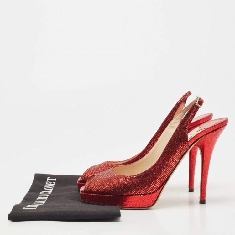Pre Owned Jimmy Choo Red Glitter and Lame Leather Slingback Pumps Size 39 